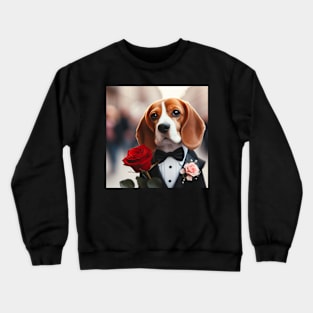 Beagle dog wearing formal wear tuxedo with red rose outdoors Crewneck Sweatshirt